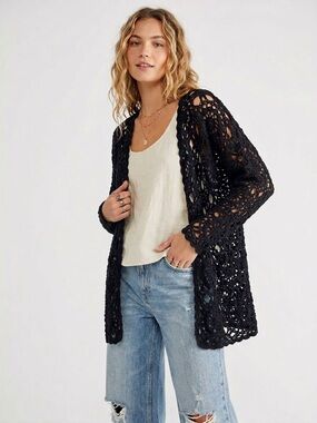 Black Open Knit Crochet Cardigan Boho Oversized Sweater M/L Cottagecore Folk